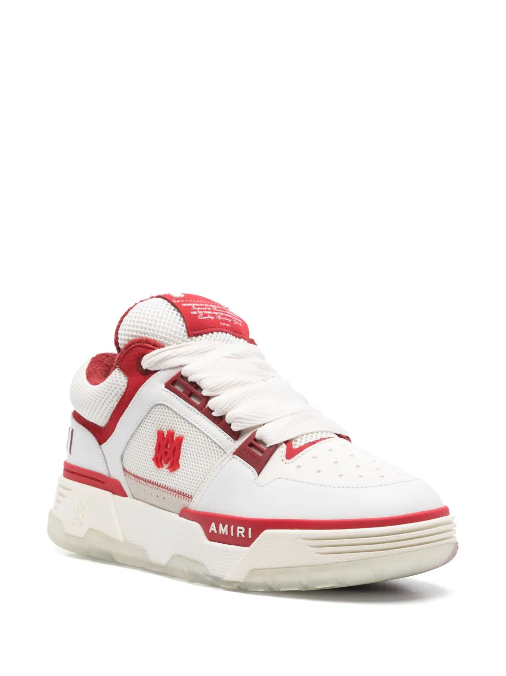 Amiri Ma-1 sneakers, side view in white with bright red trim and red M logo.