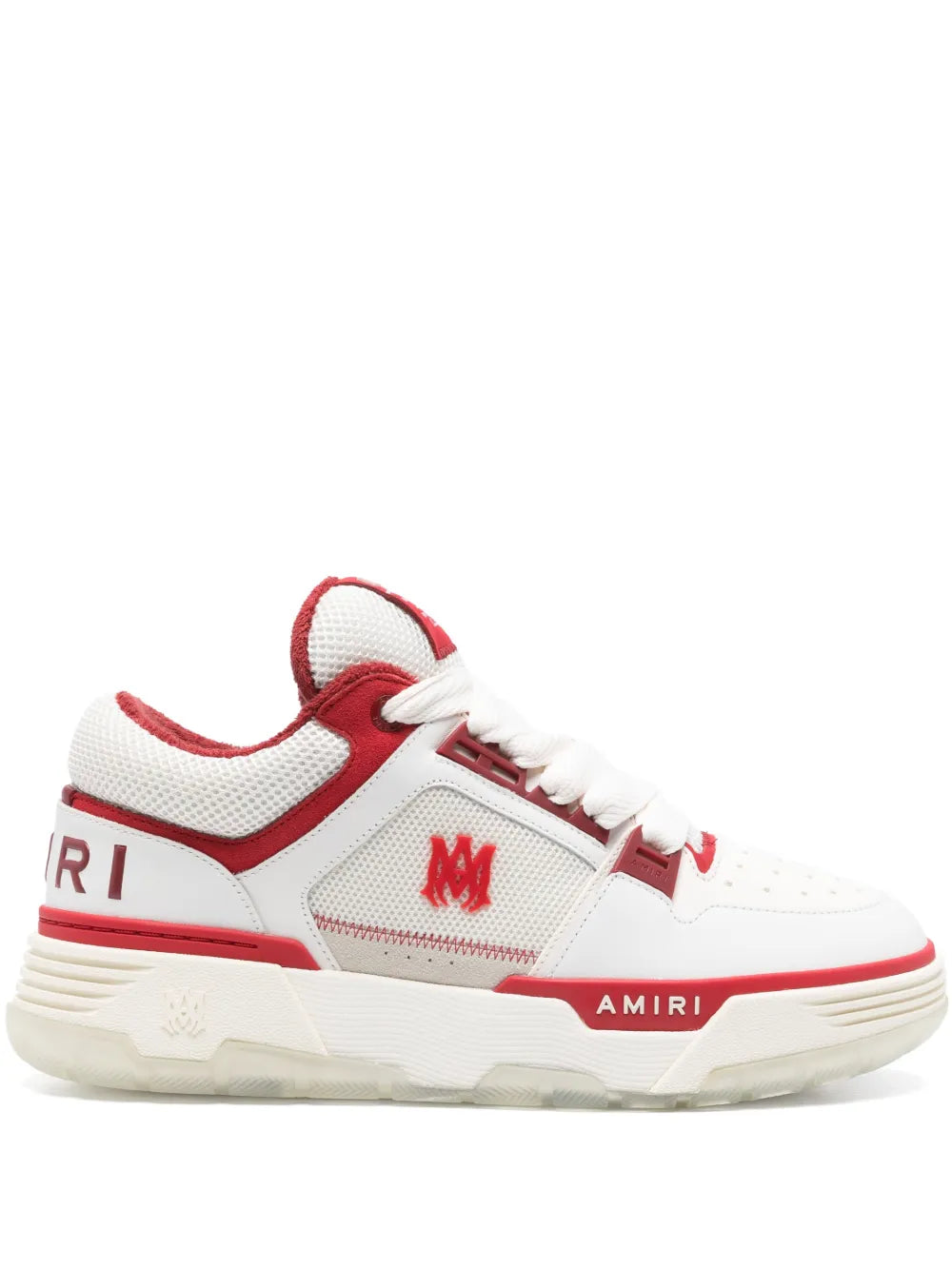 Amiri Ma-1 sneakers in white with bright red accents, side logo and lace-up.