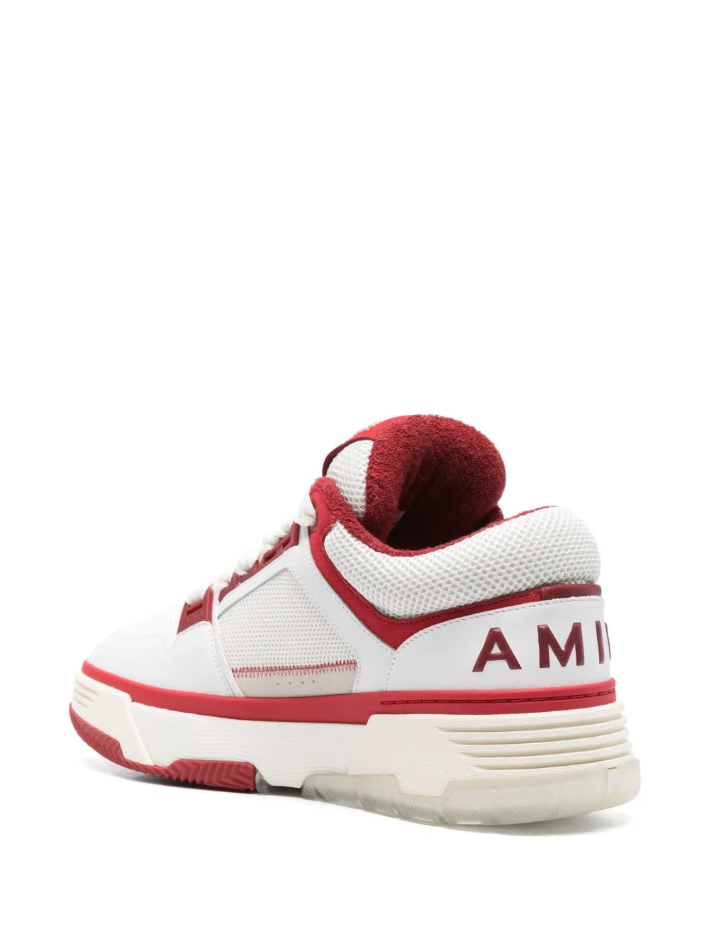 Amiri Ma-1 sneakers, heel and side view in white with bright red edging and AMIRI.