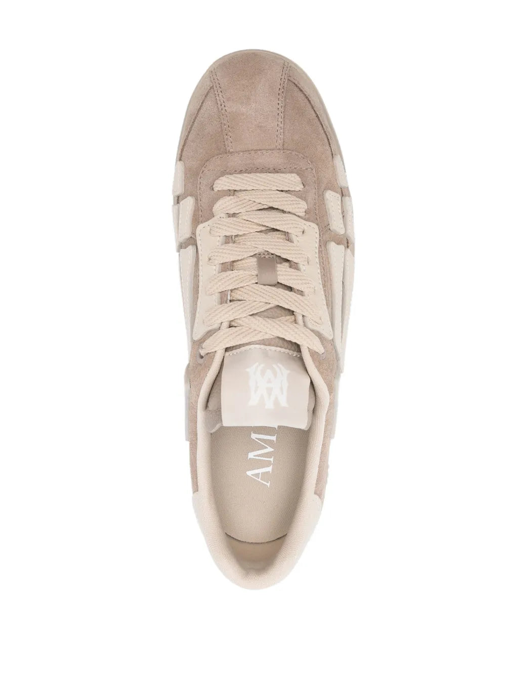 Light brown suede low-top sneakers, heel and tongue with AMIRI insole branding