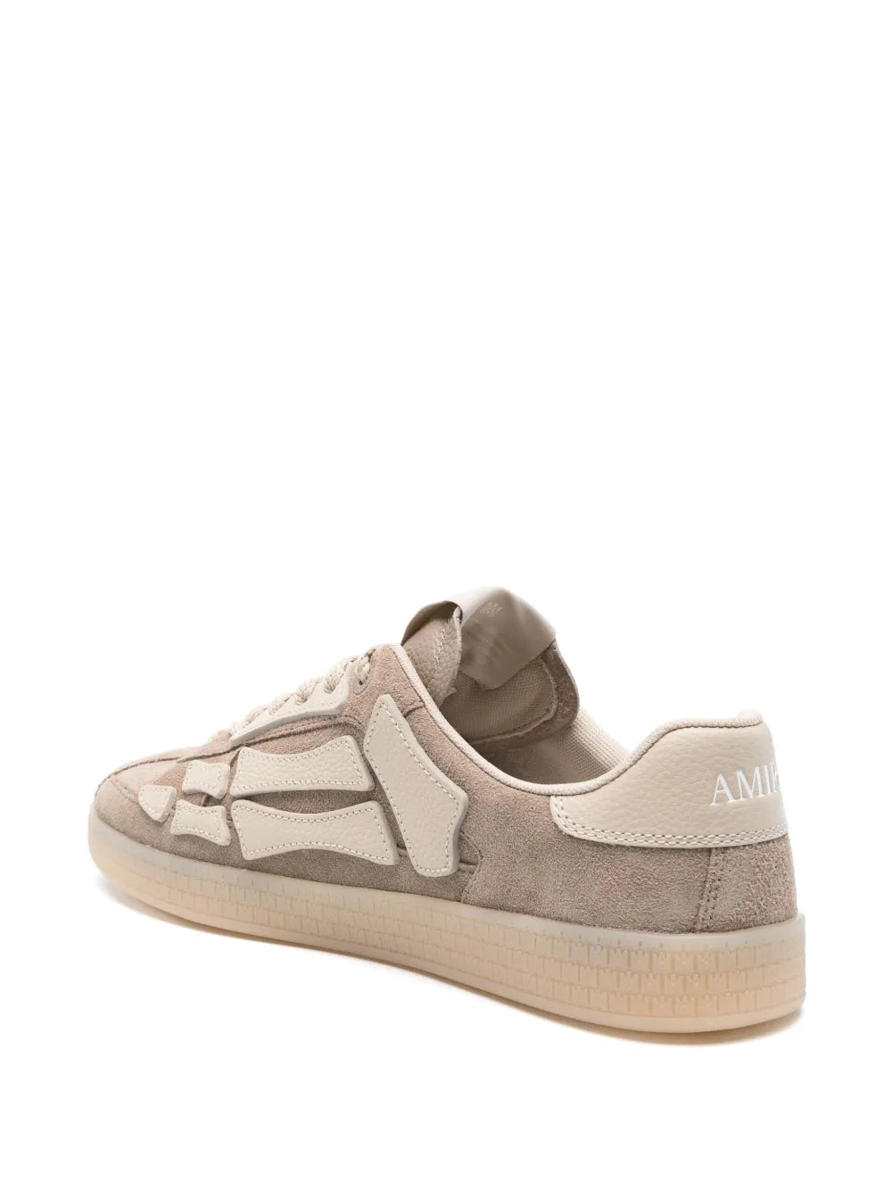 Light brown suede low-top sneakers with AMIRI logo heel tab and white lace-up