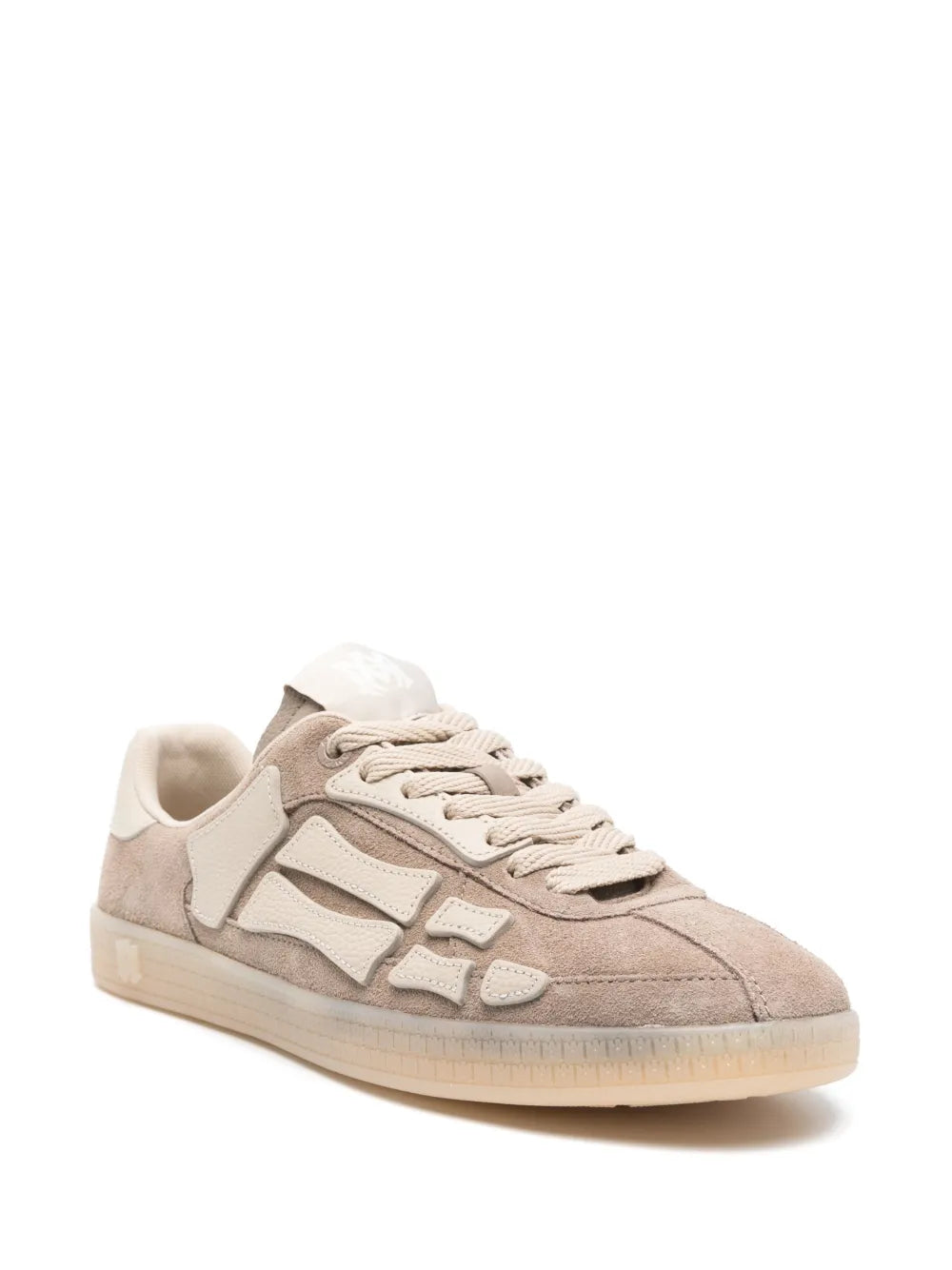 Light brown suede low-top sneakers, side graphic and white lace-up