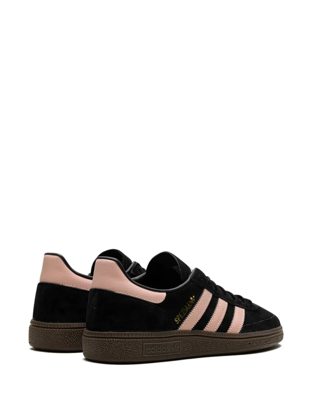Pair of black adidas Handball Spezial sneakers with pink stripes and gum sole