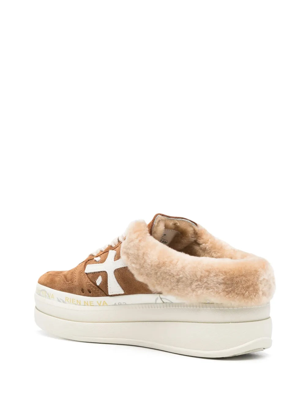 Brown lace-up low-top sneaker with shearling-style lining, side view