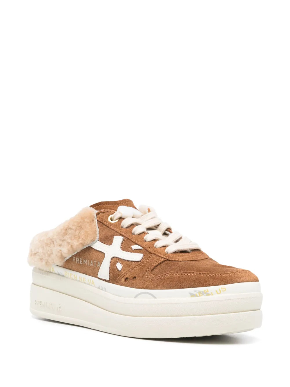 Brown lace-up sneaker with white side logo, faux fur trim, thick white sole