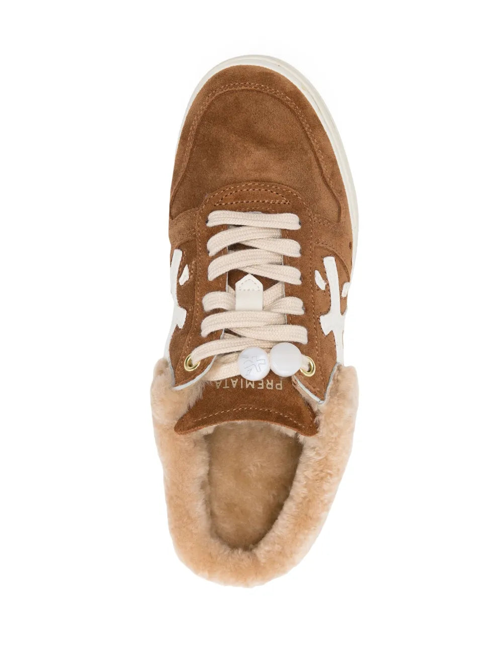 Brown suede sneaker with white laces and faux fur lining, front view
