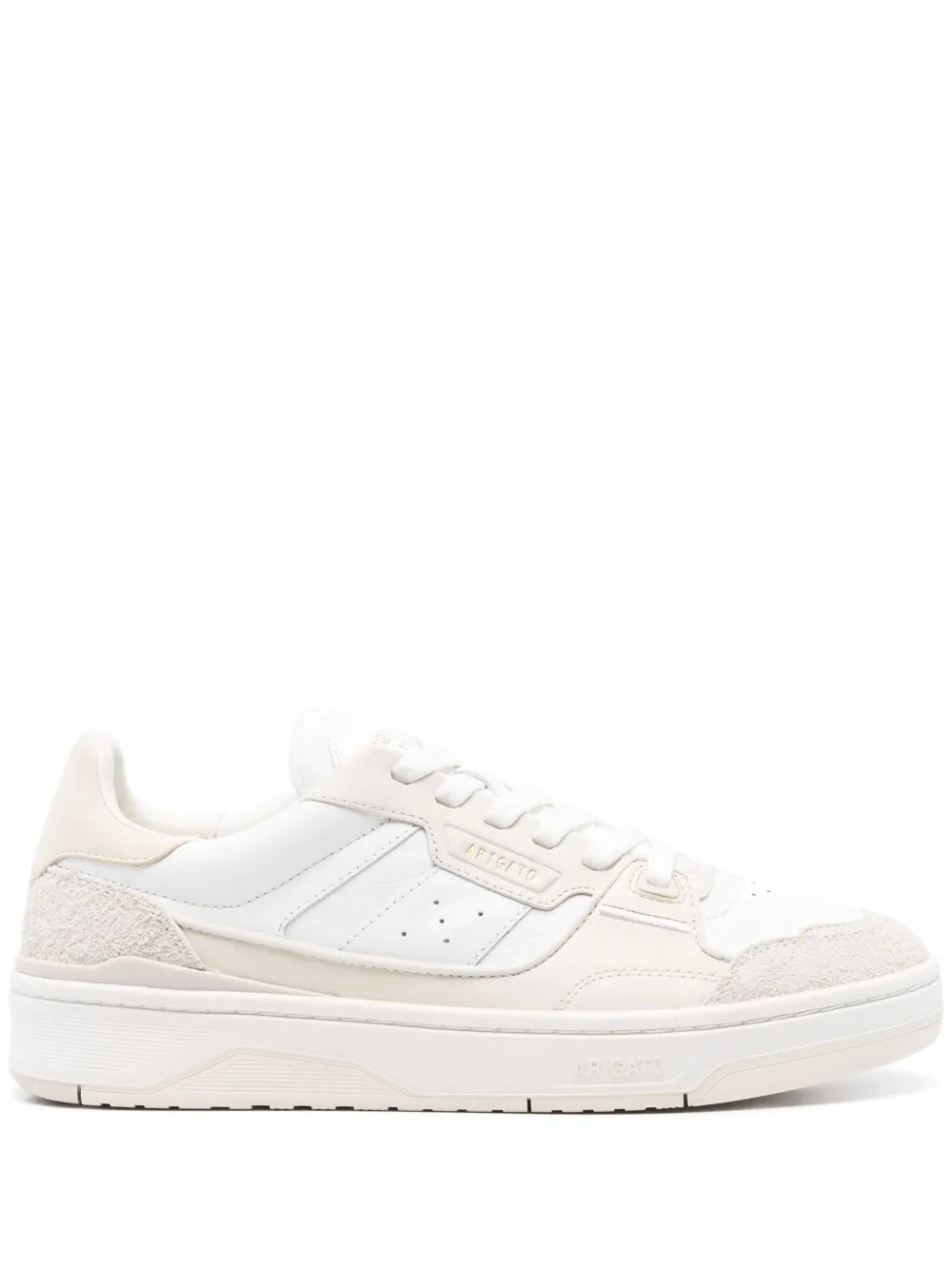 White and beige lace-up low-top sneakers with suede panel and rubber sole
