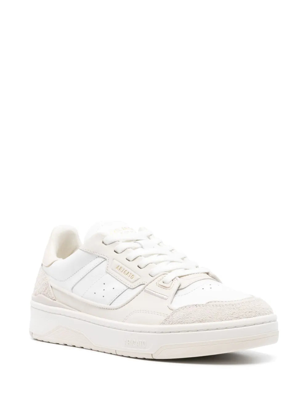 White lace-up low-top sneakers with beige suede side panel and thick sole