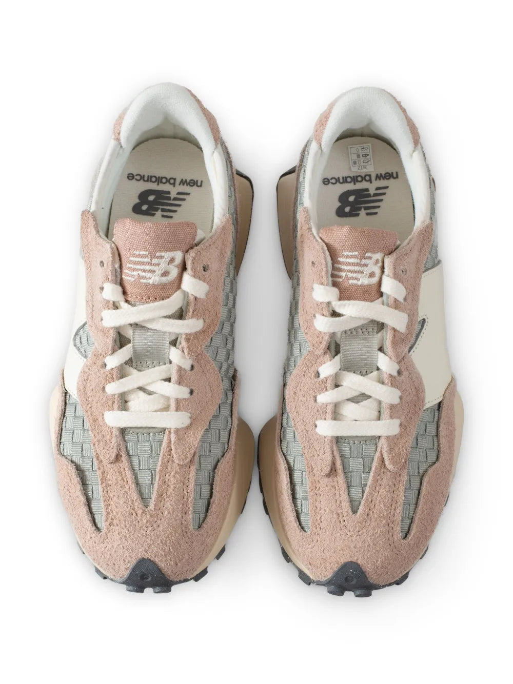 New Balance 327 sneakers front view with white laces and pastel off-white, pink, teal