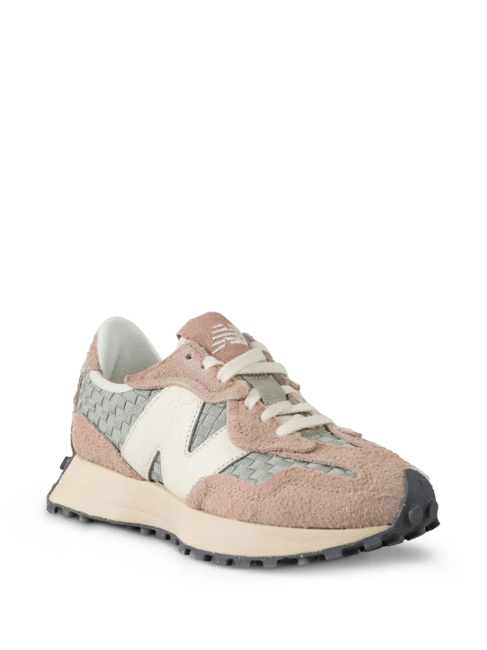 New Balance 327 sneakers with light pink suede, off-white leather, and textured teal
