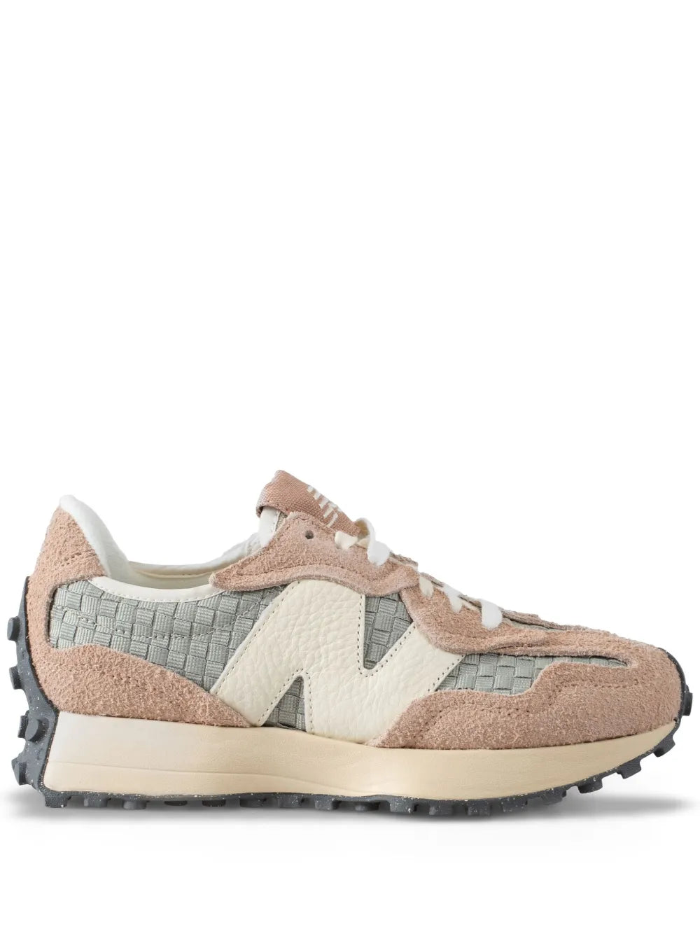 New Balance 327 sneakers in off-white, light pink, and light teal with suede panels
