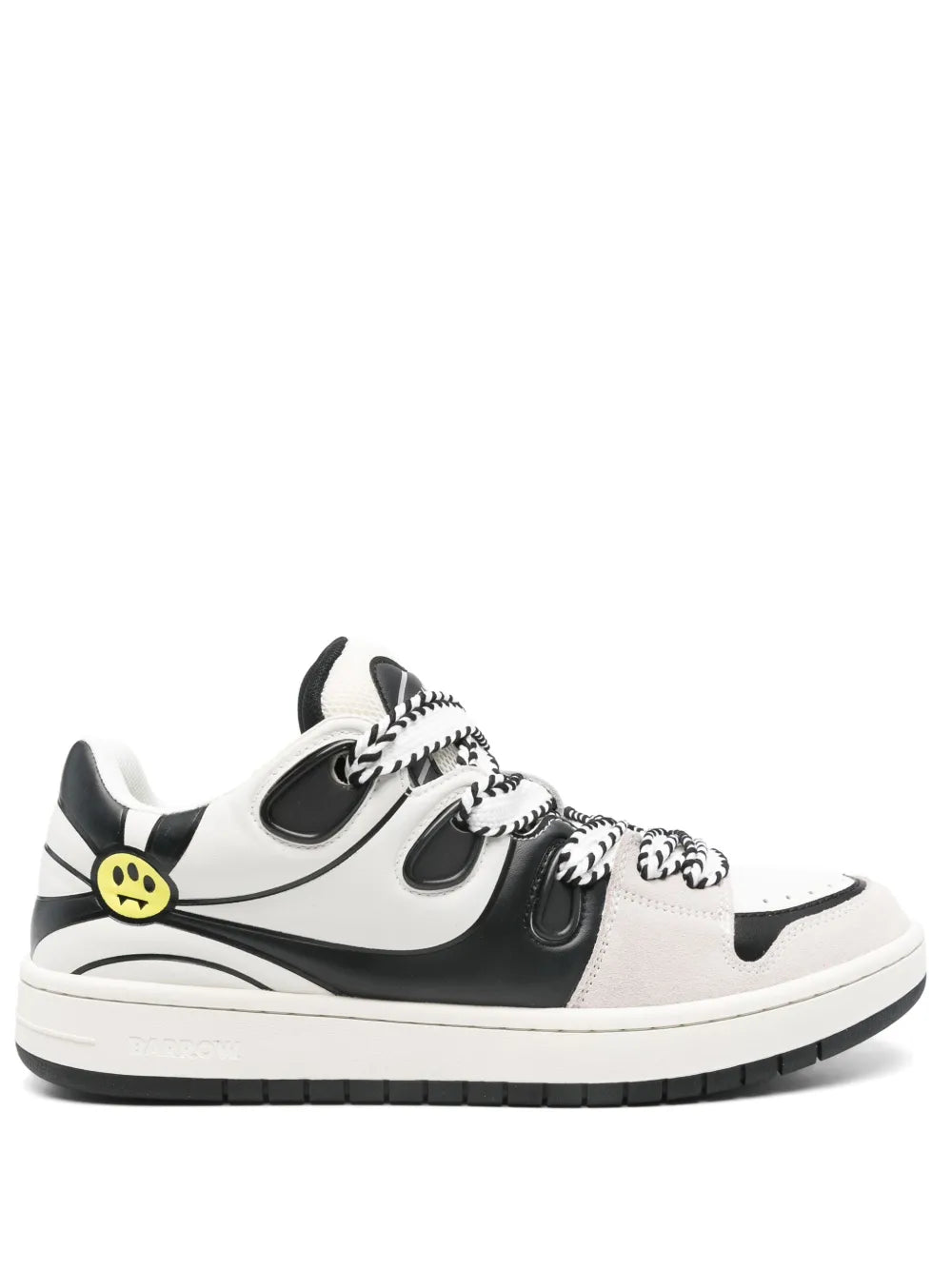 Black and white low-top leather sneaker with smiley logo and lace-up closure