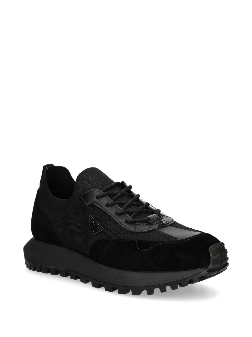 Black textile lace-up sneakers with small logo detail and treaded sole