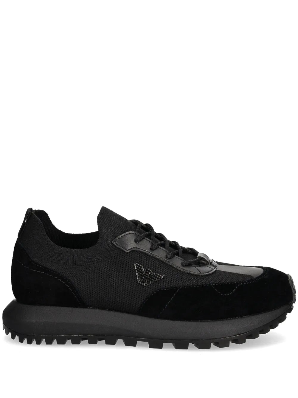 Black lace-up sneakers with logo plaque and chunky treaded rubber sole