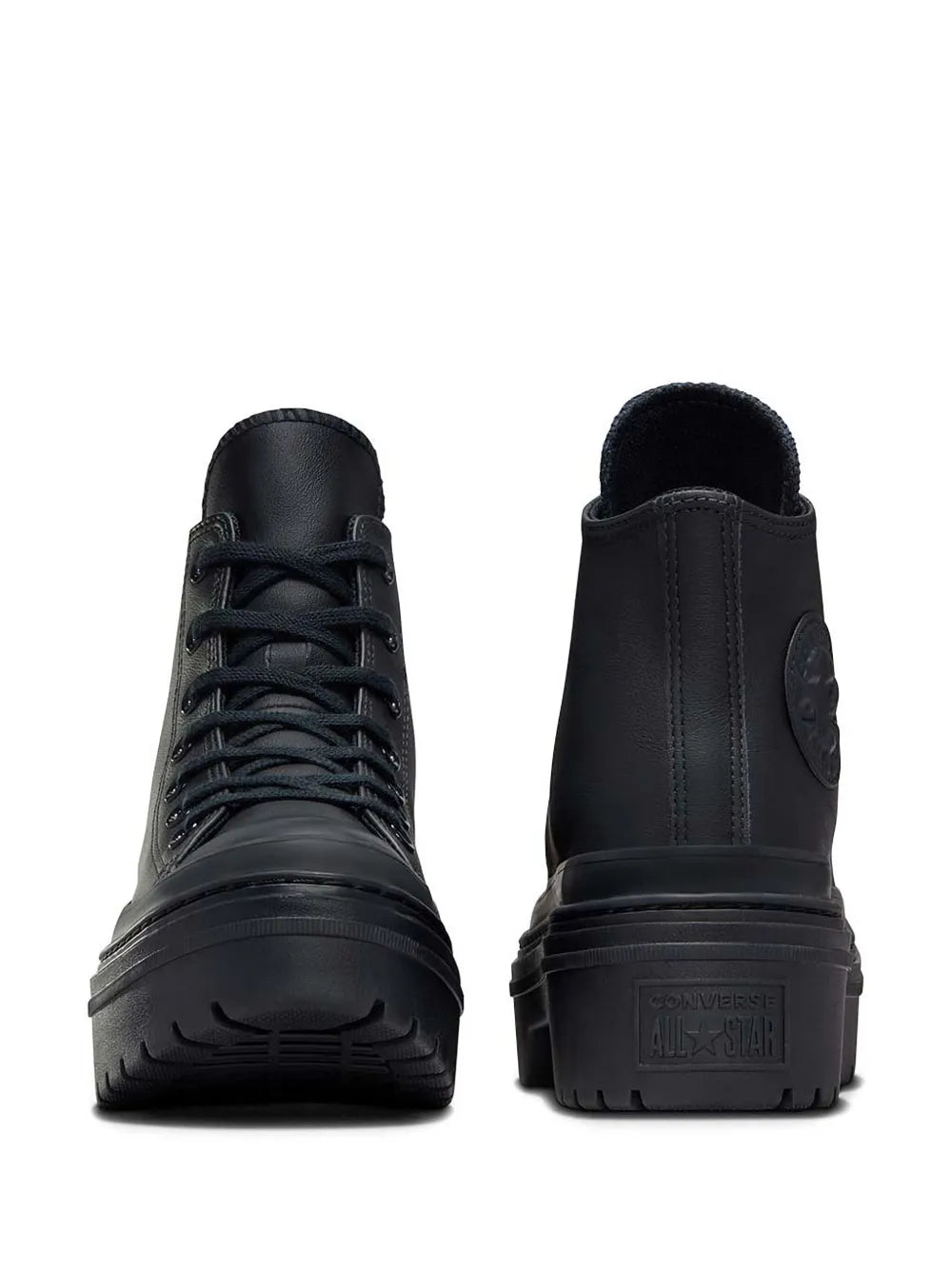 Converse black lugged platform high-top sneakers, heel and toe view with lace-up
