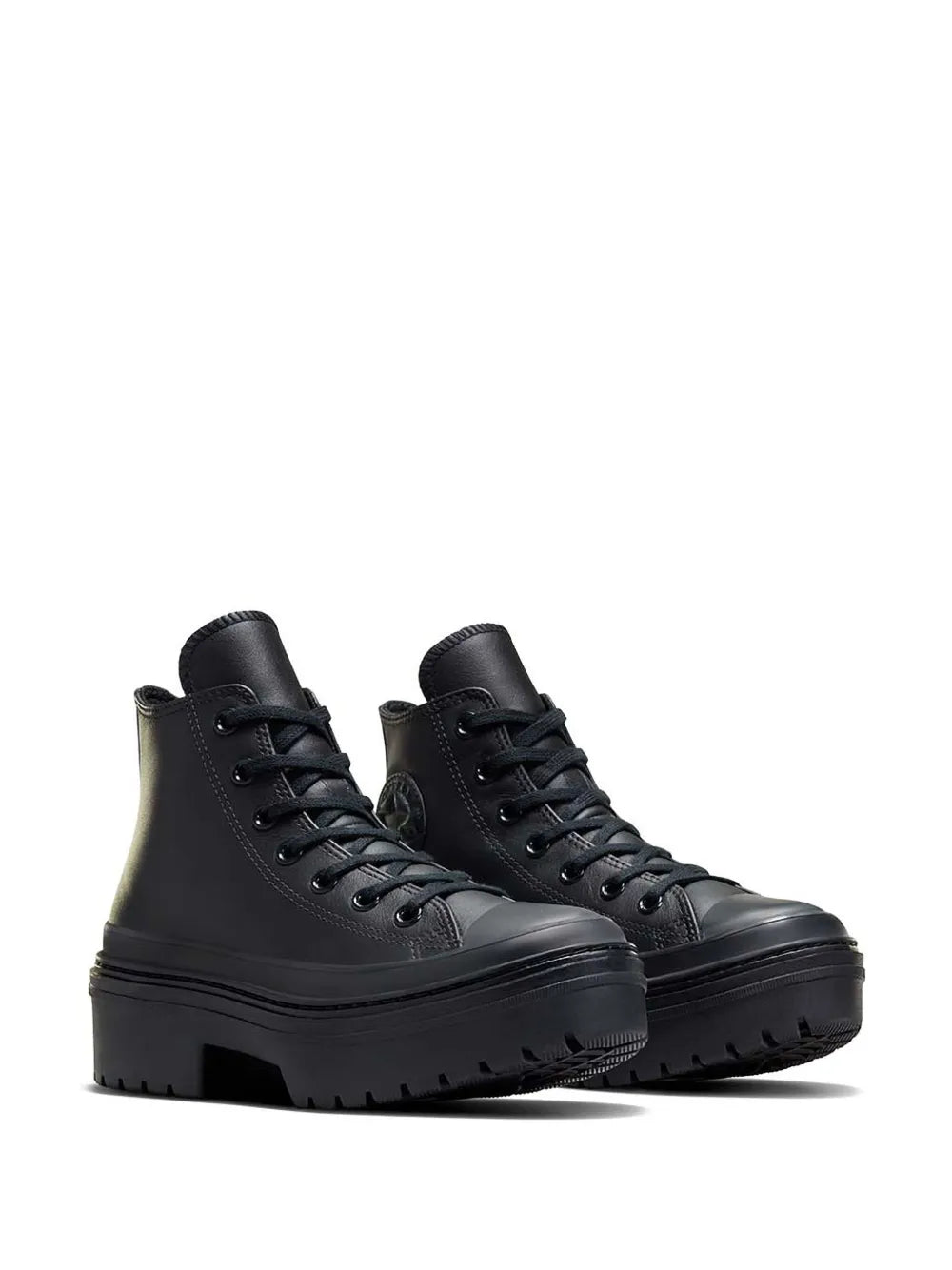 Converse black lugged platform high-top sneakers, side view with lace-up closure