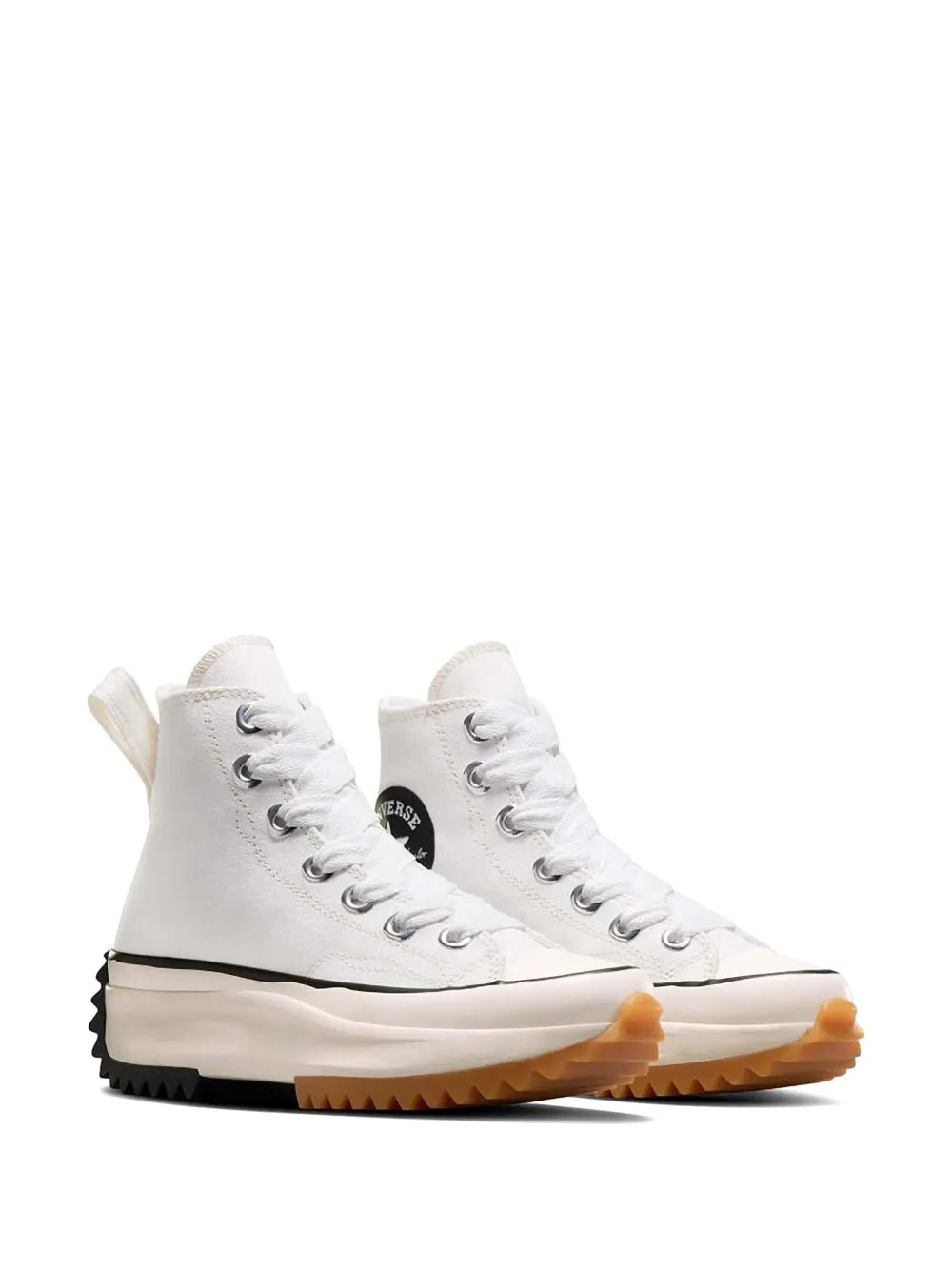 Pair of white high-top sneakers with lace-up front and chunky orange-rim sole
