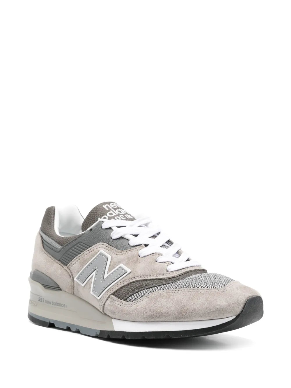 Grey suede and mesh sneakers with white laces, side N logo, and black outsole