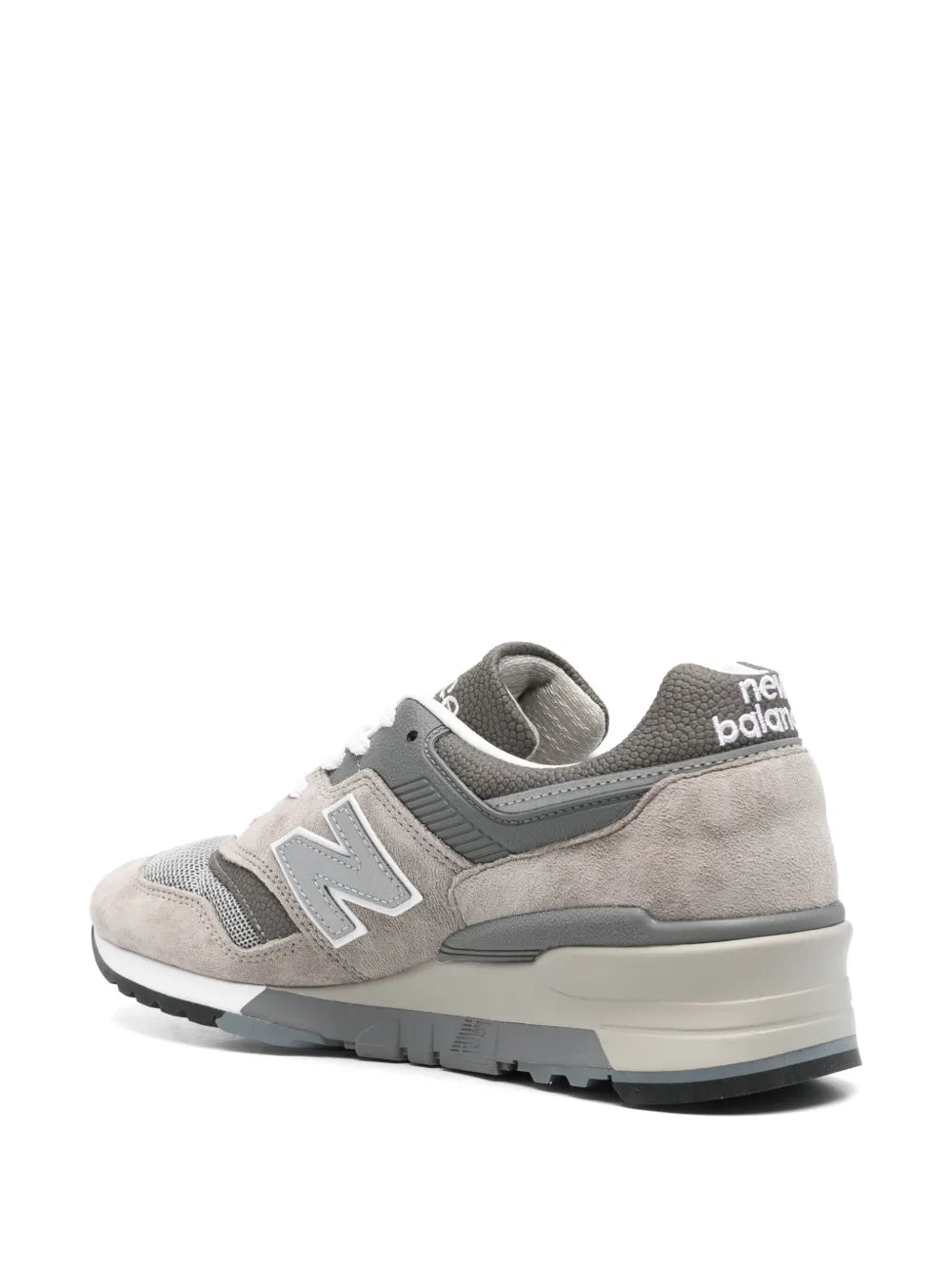 Grey suede and mesh sneakers with heel text detail, white laces, and cushioned midsole