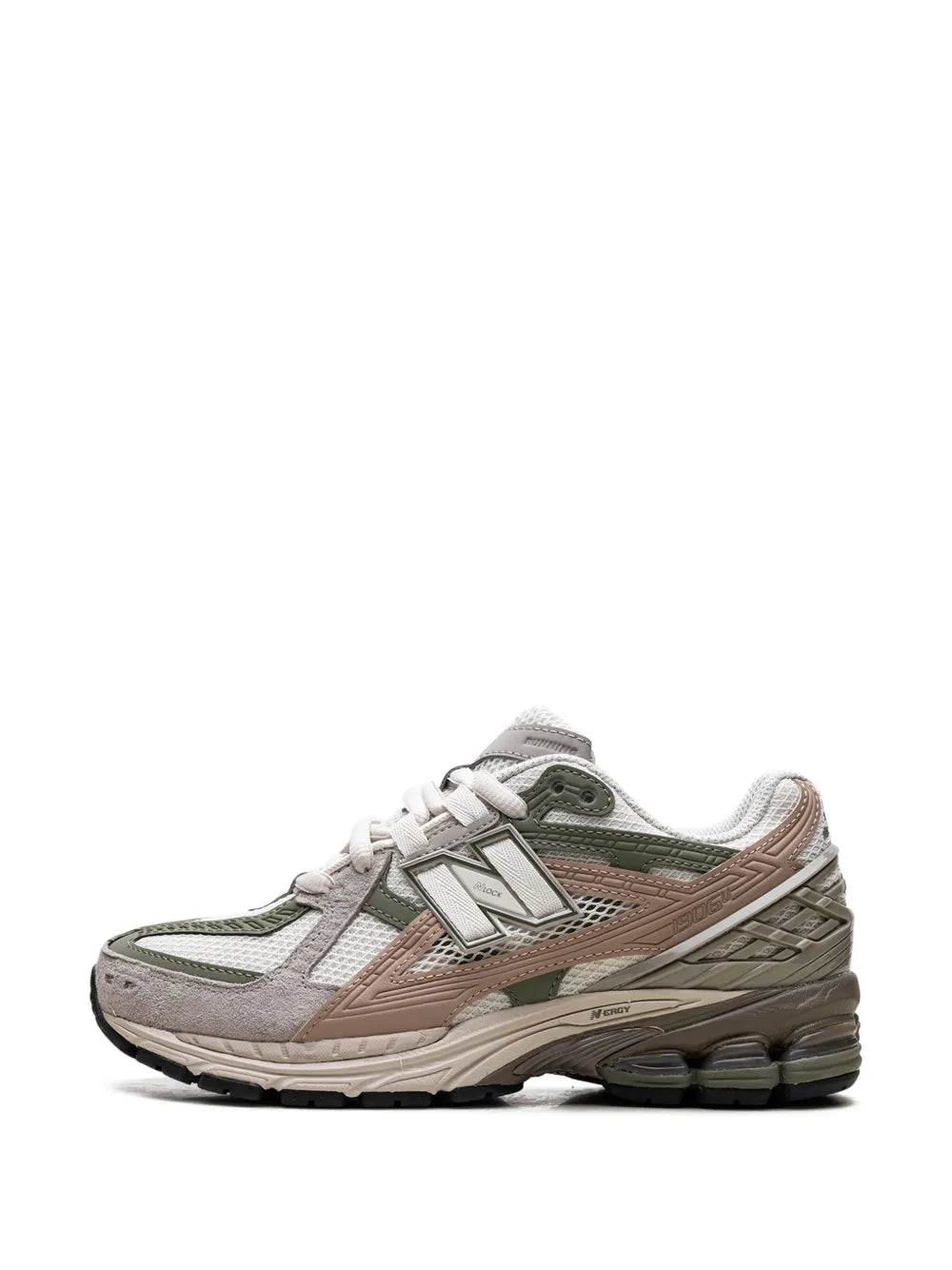 Front three-quarter beige and gray sneaker with green details, N logo, lace-up