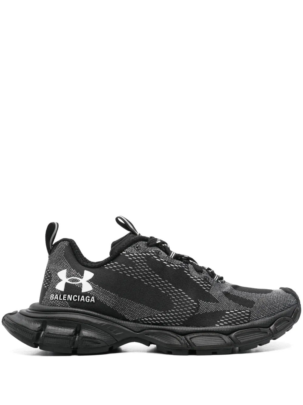 Black knit sneakers with Balenciaga logo patch and thick tread sole
