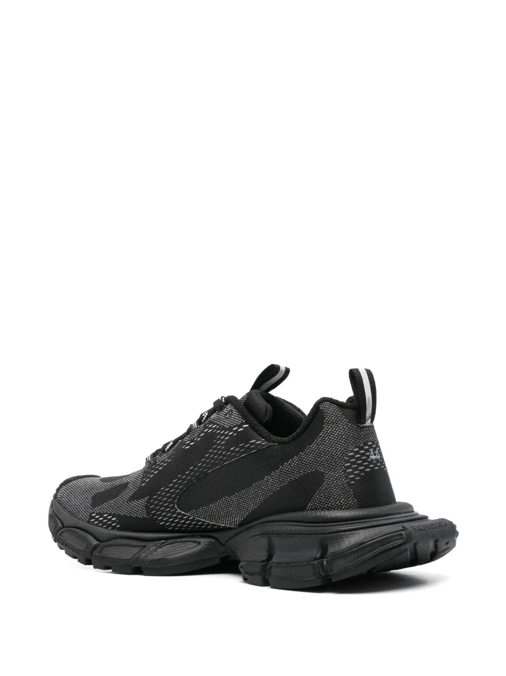 Black knit low-top sneakers with logo stripe detail and cushioned tread sole