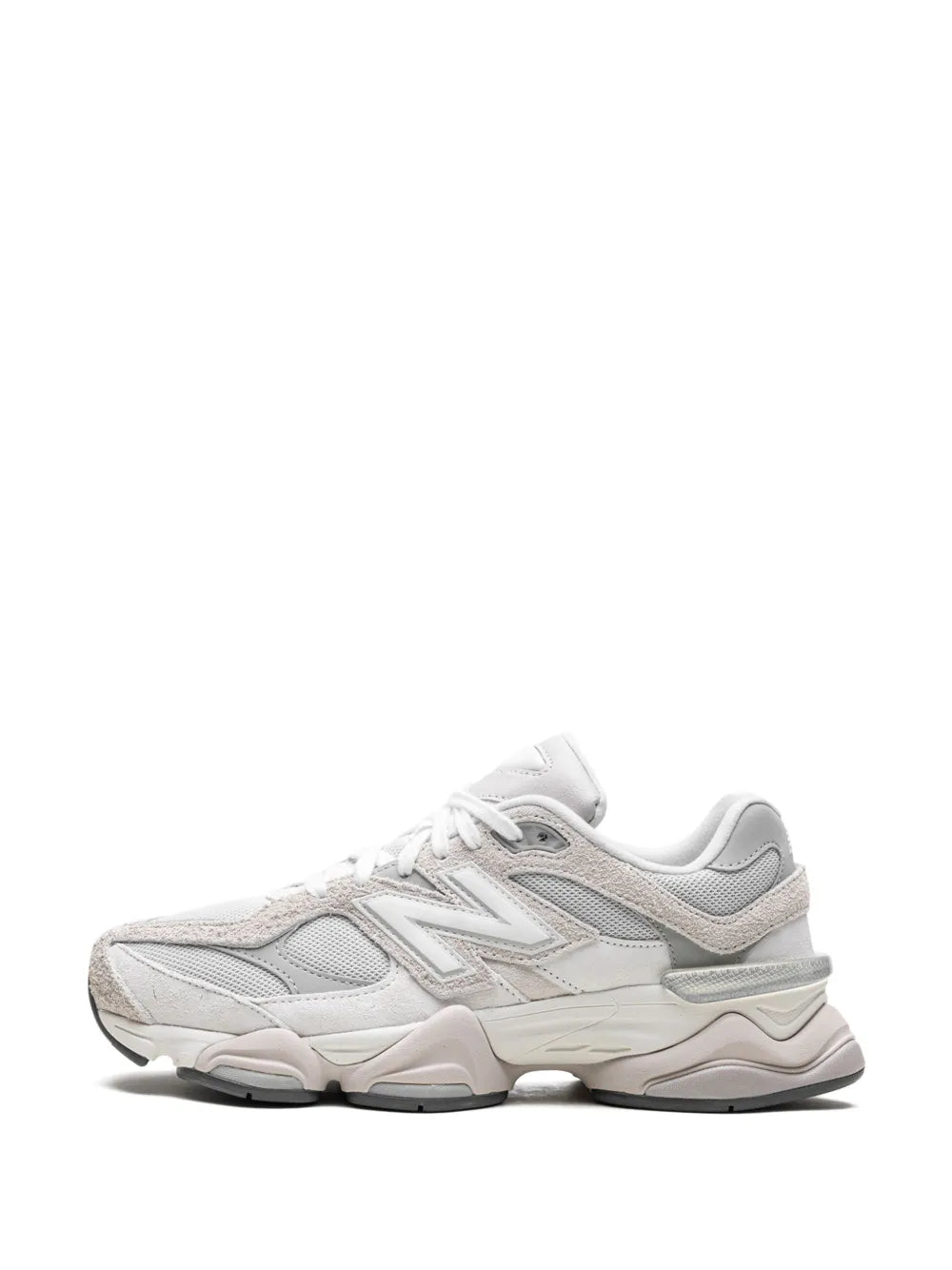 Grey New Balance 9060 sneakers toe view, lace-up with layered upper