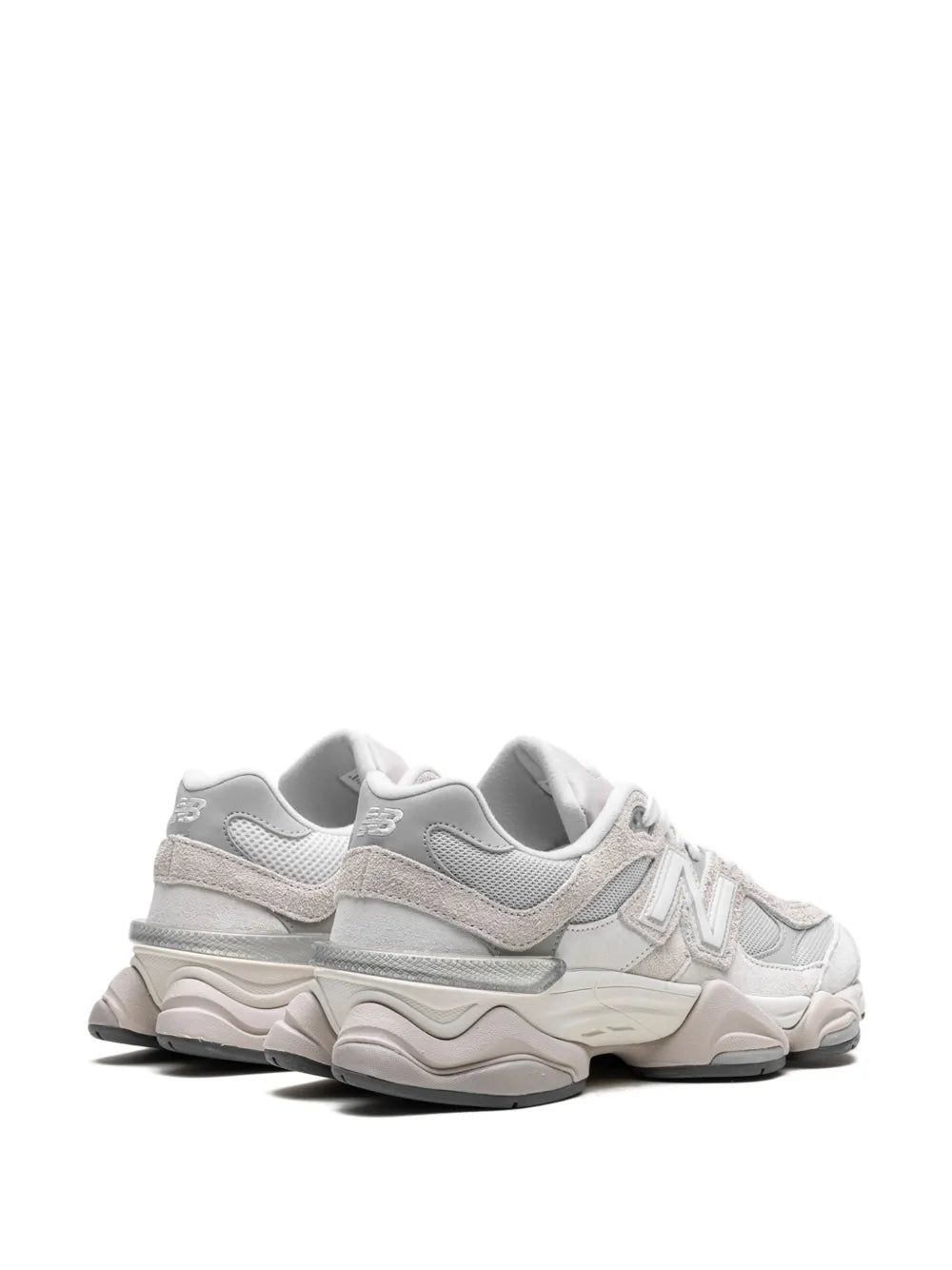 Grey New Balance 9060 sneakers heel and side, white laces, padded collar