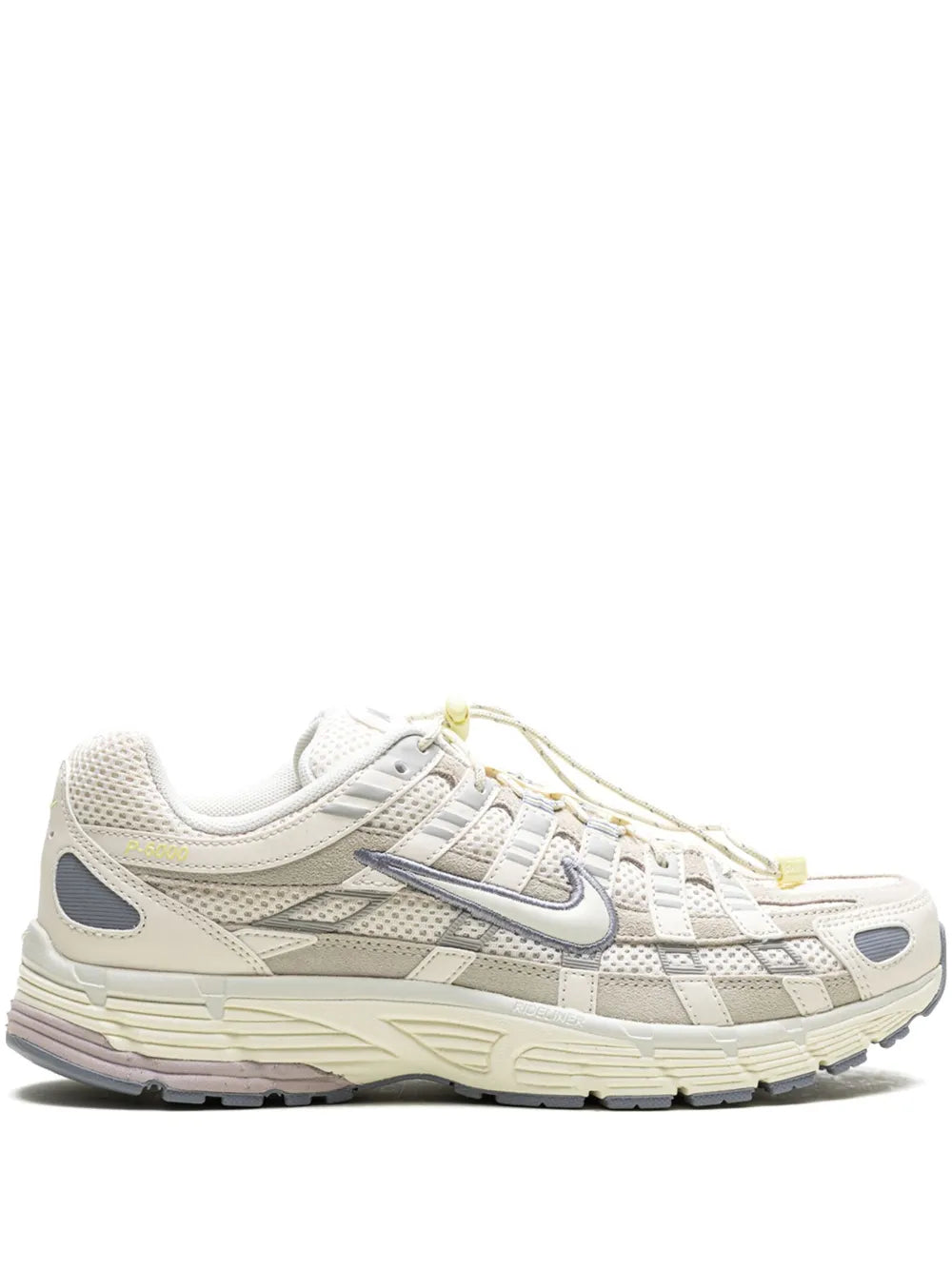 Nike P-6000 beige lace-up running sneakers with blue Swoosh and cushioned sole