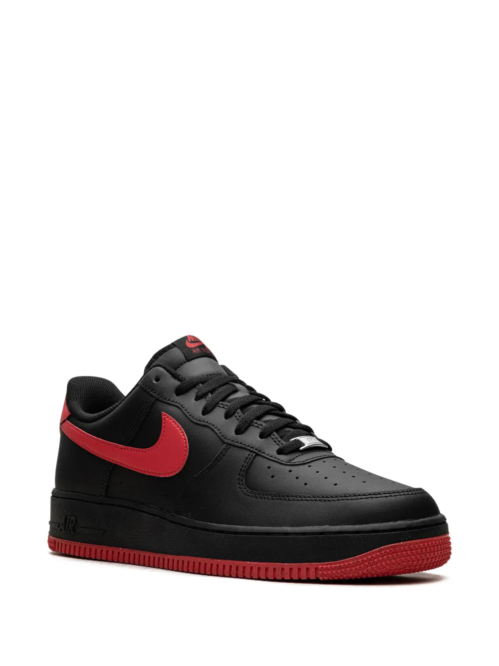 Black Nike Air Force 1 Low sneakers side profile with red swoosh and rubber sole