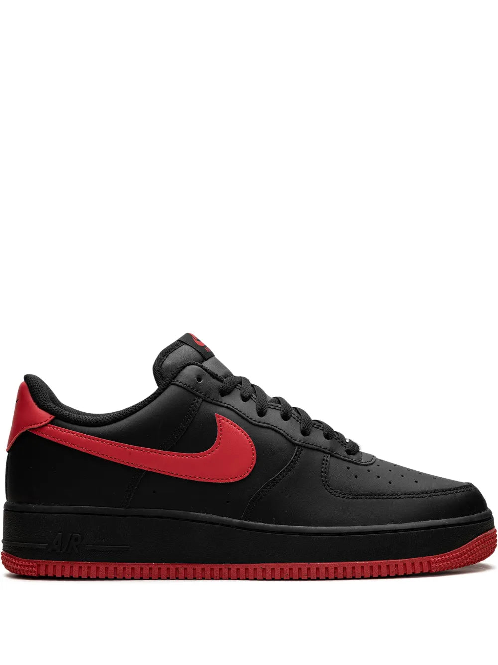 Black Nike Air Force 1 Low sneakers with red swoosh and lace-up front