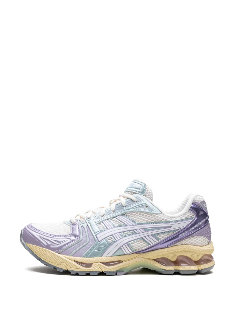 Light purple lace-up running sneakers with white laces and foam midsole
