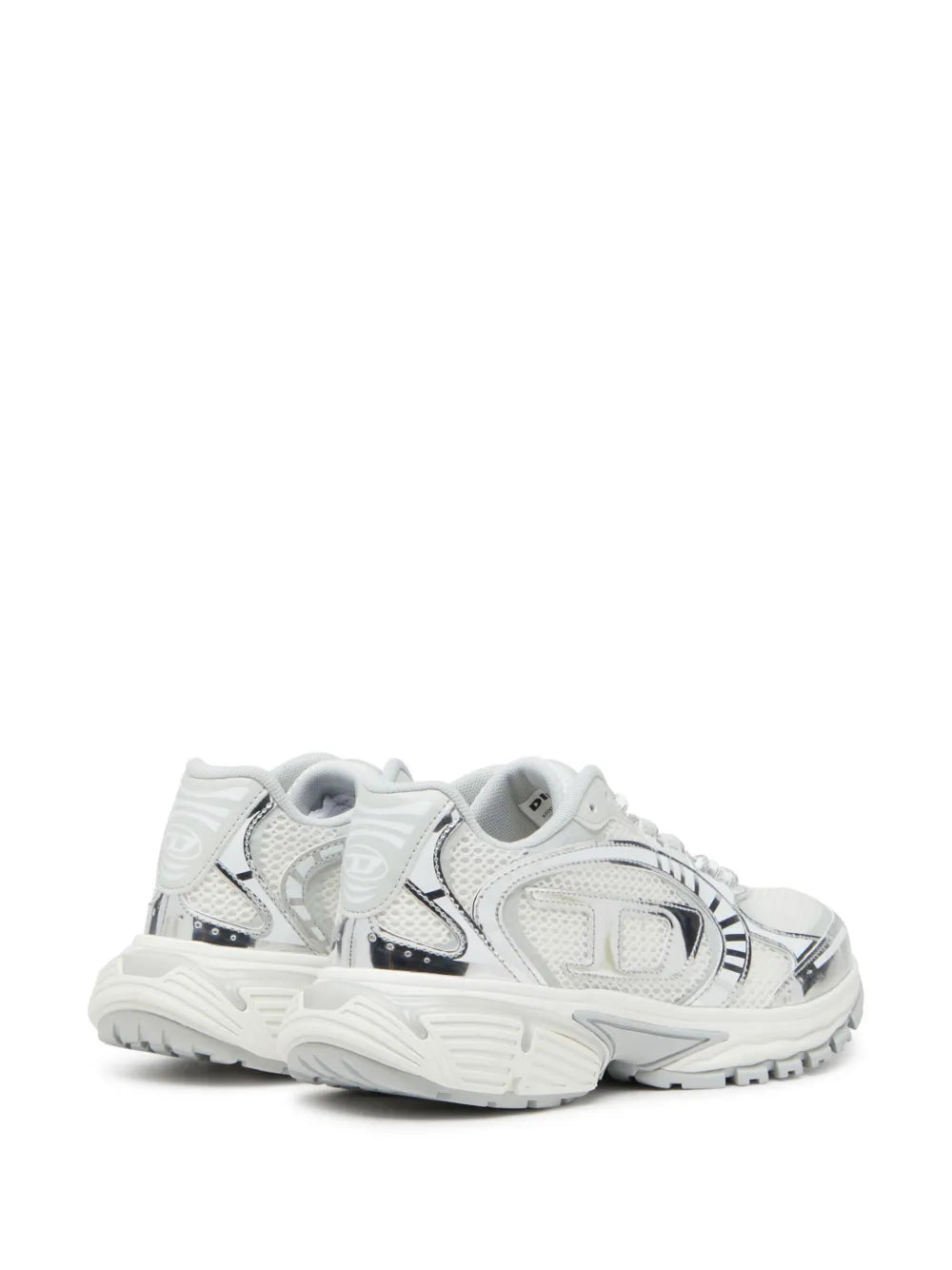 White and silver lace-up sneaker, three-quarter view with panel detailing