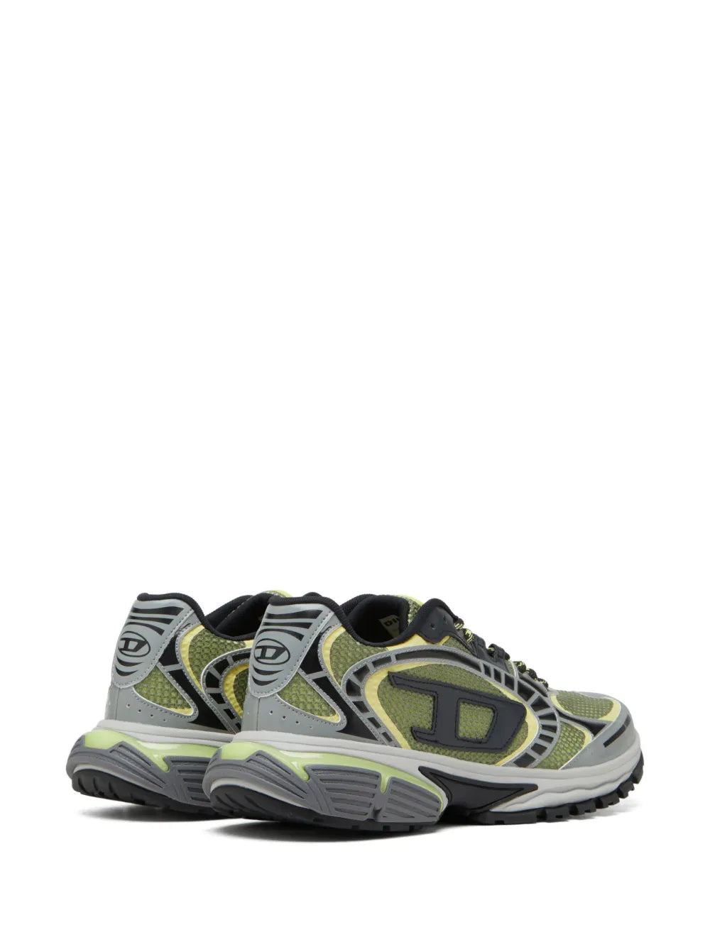 Low-top sneakers, angled side view, avocado green and light gray with black accents