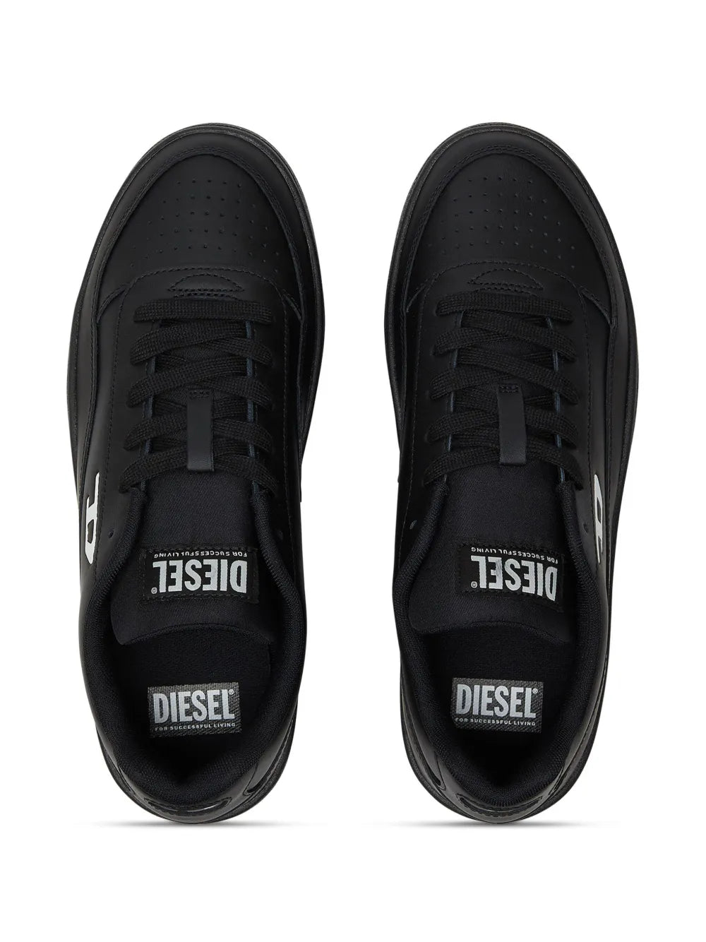 Black Diesel sneakers front view with lace-up eyelets and branded tongue label