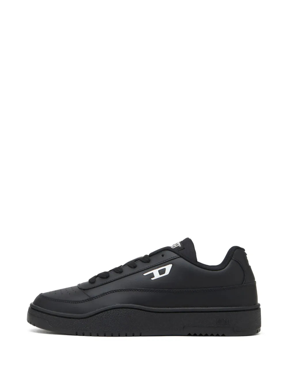 Black Diesel low-top sneakers with lace-up front, side D logo, and thick sole