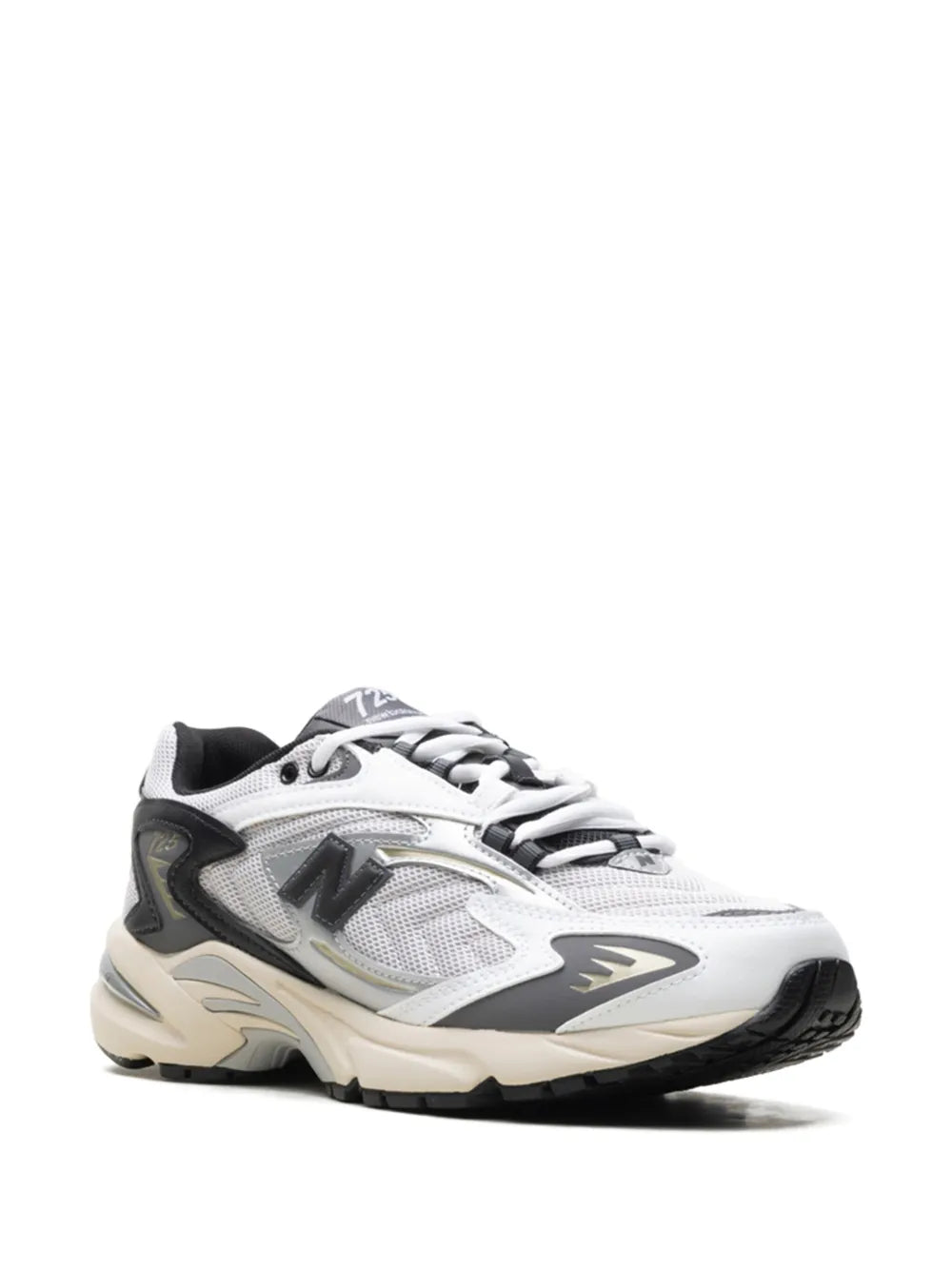 New Balance 725V1 lace-up sneakers, white/black side profile with N logo and beige midsole