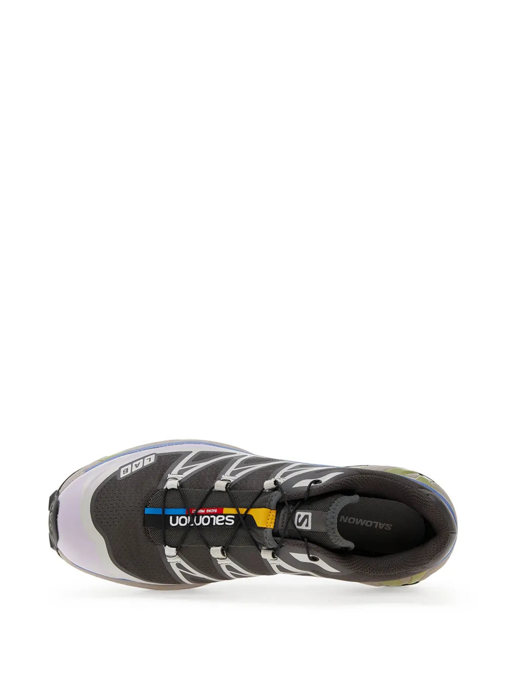 Sneaker toe and lace area with grey overlays, black laces, padded interior lining