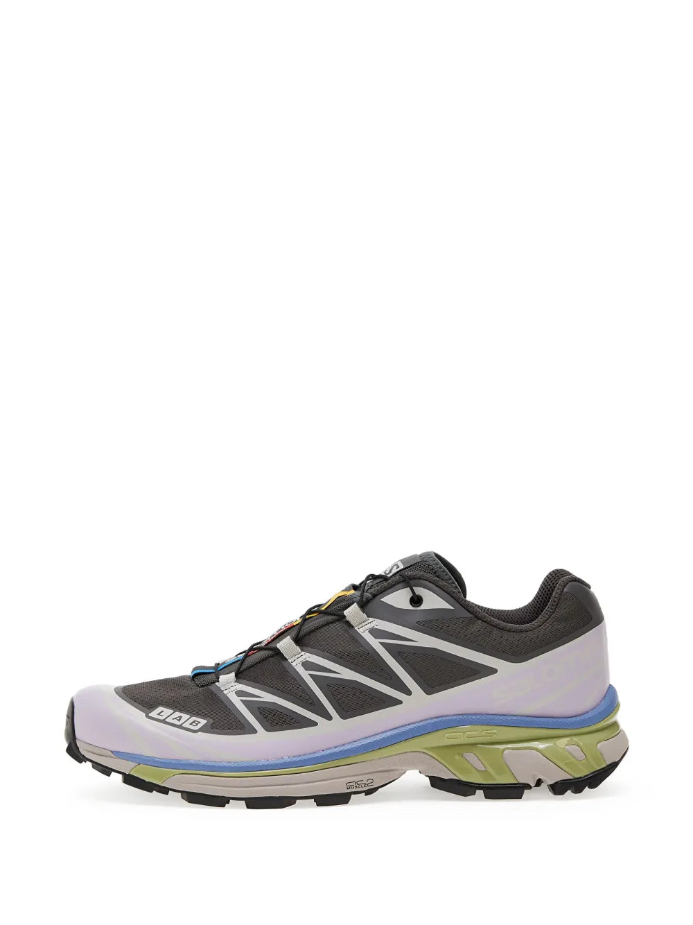 Side view trail running shoe with grey/black mesh upper, lavender midsole, green outsole