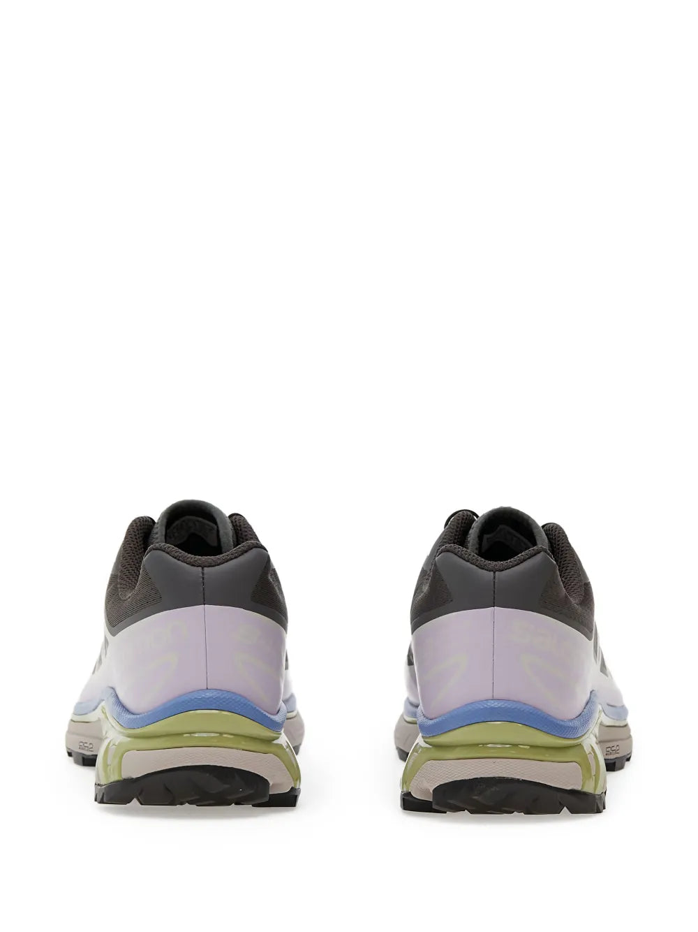 Rear view trail running shoe: dark heel, white and grey upper, blue stripe and green sole