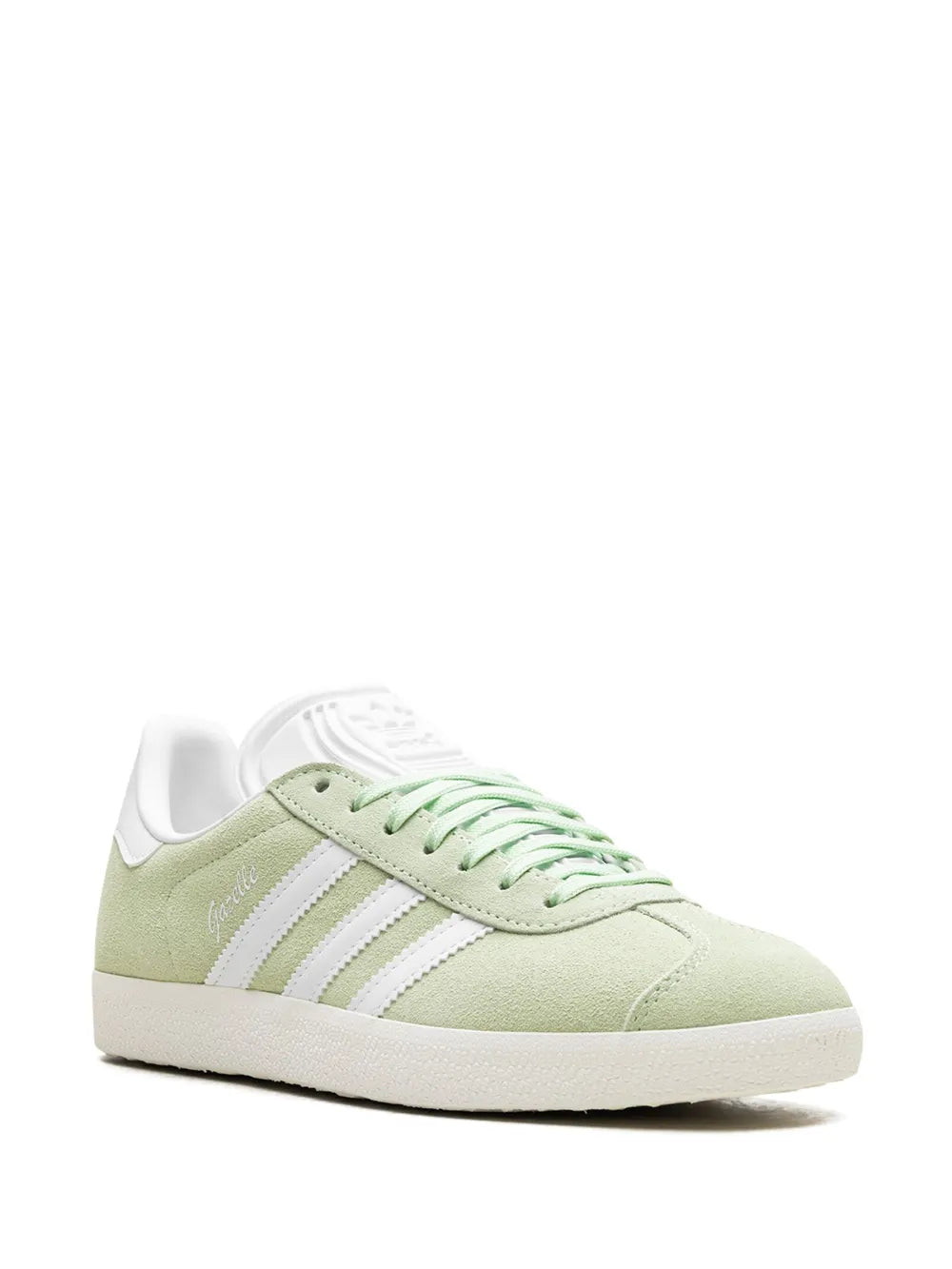 Low-top sneakers, light green suede with white three-stripe side and mint laces