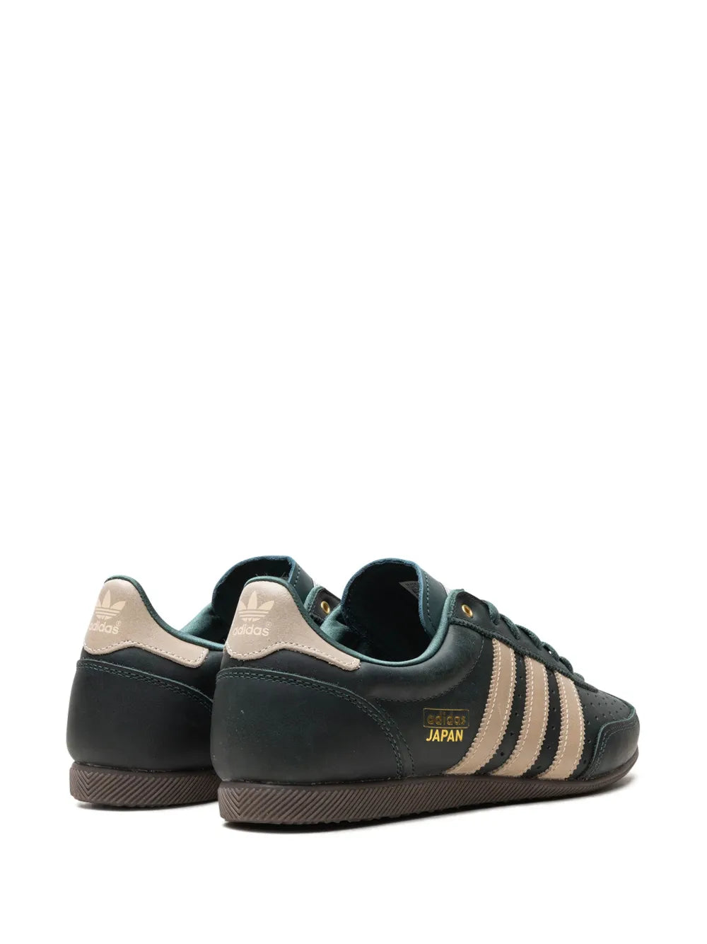 adidas Japan sneakers, rear view with teal lining, beige panel and dark upper