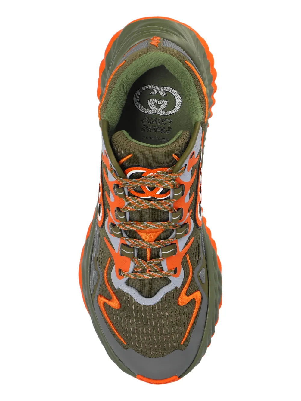 Gucci ripple sneaker close-up, olive green upper with orange laces and GG logo