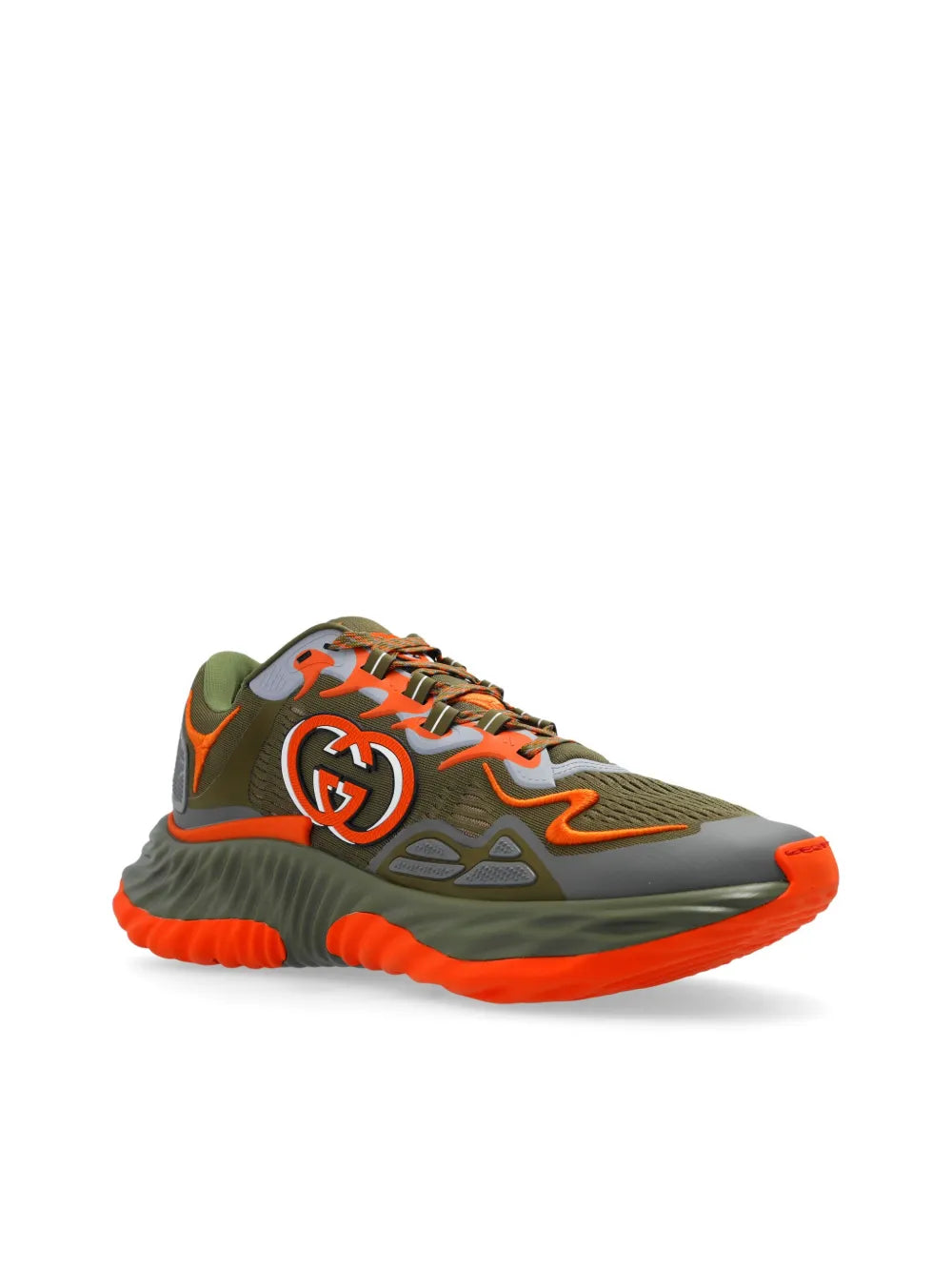 Gucci ripple sneakers in olive green with orange rubber sole and multicolor logo