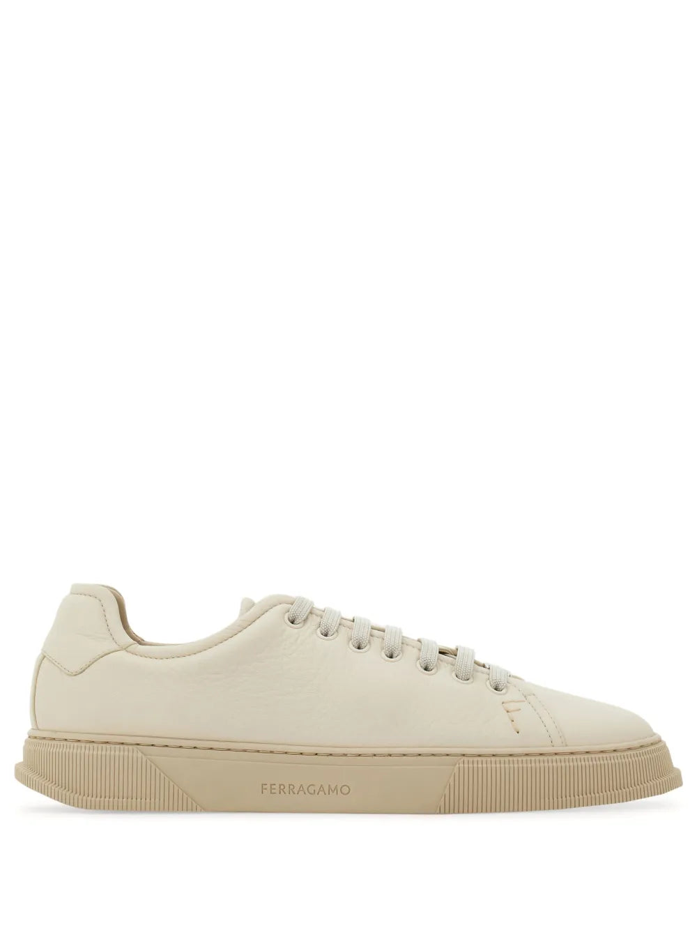 Ferragamo low-top sneakers, light beige leather with lace-up and ribbed rubber sole