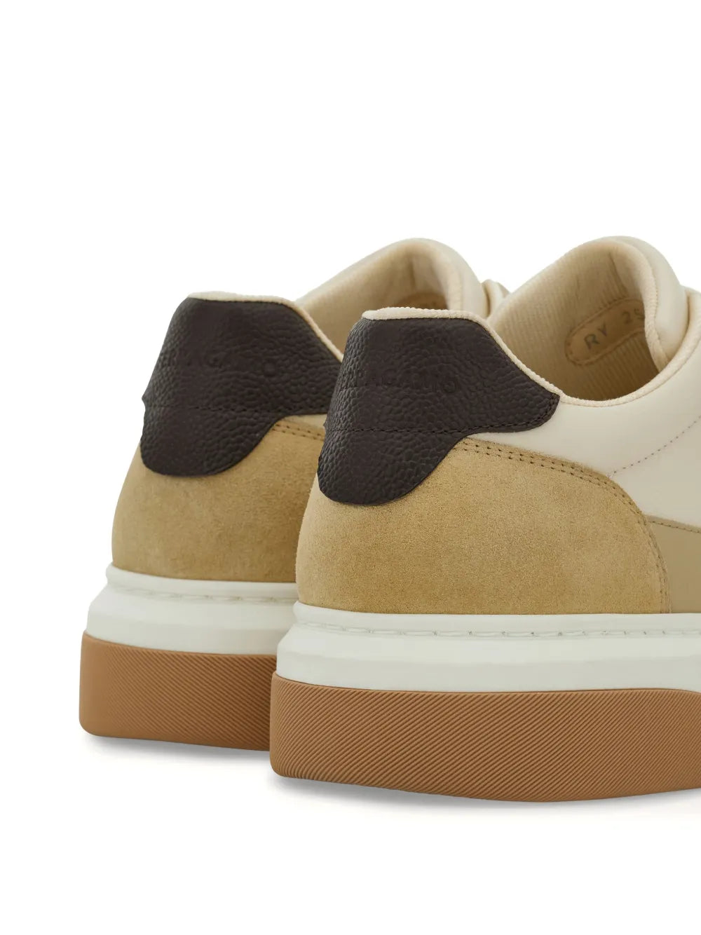 Beige and dark sneakers with cushioned heel tabs and tan rubber platform sole