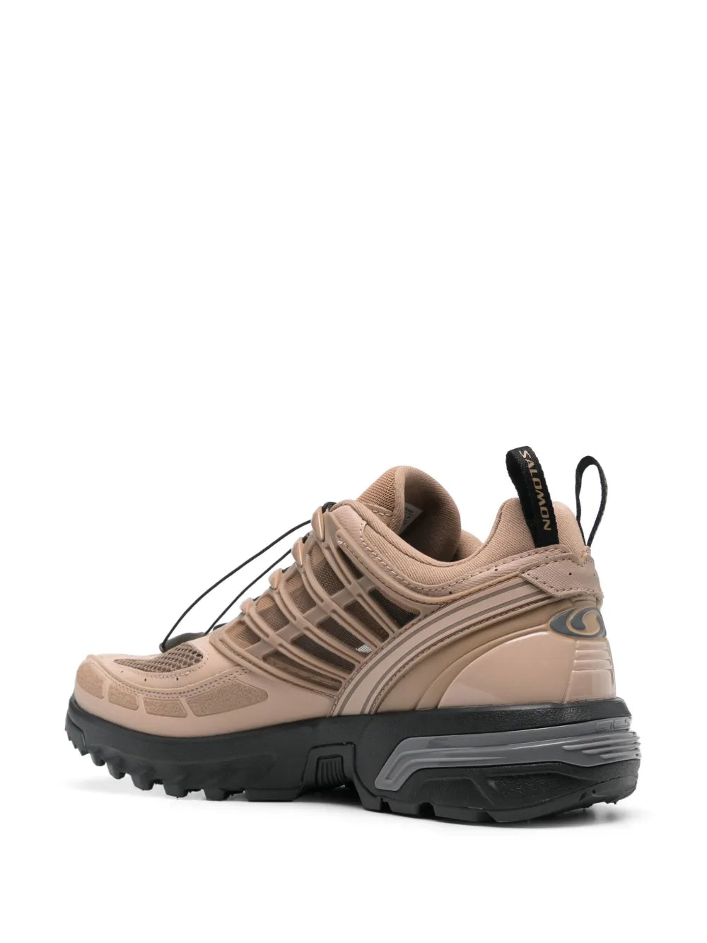 Salomon Acs Pro beige trail shoes, heel and side panel view with rugged tread