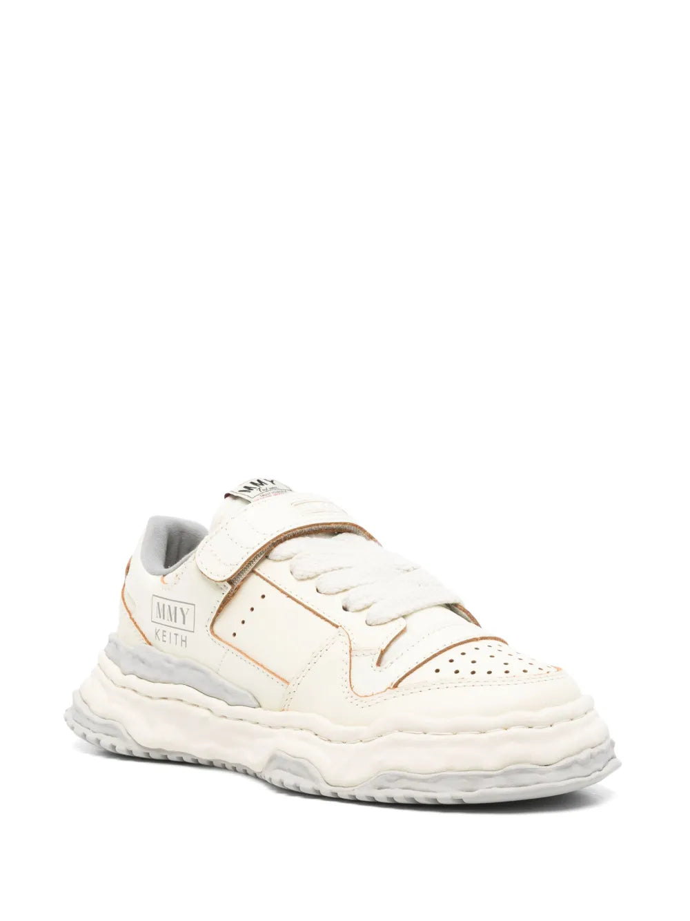 White sneakers, tan stitching, perforated toe, lace-up with chunky sole