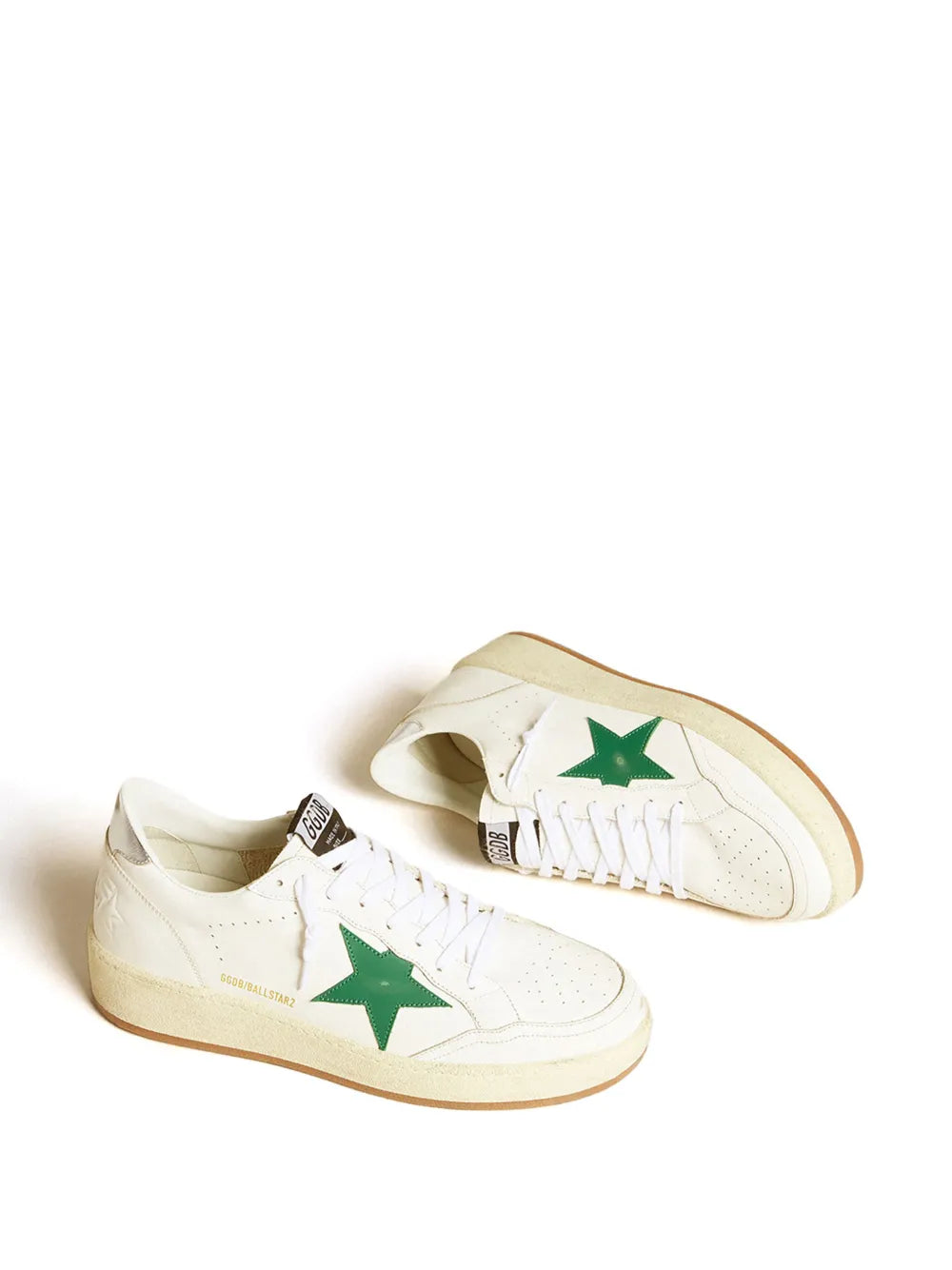 Golden Goose Ballstar 2 sneakers, angled pair in white with green star and gum sole
