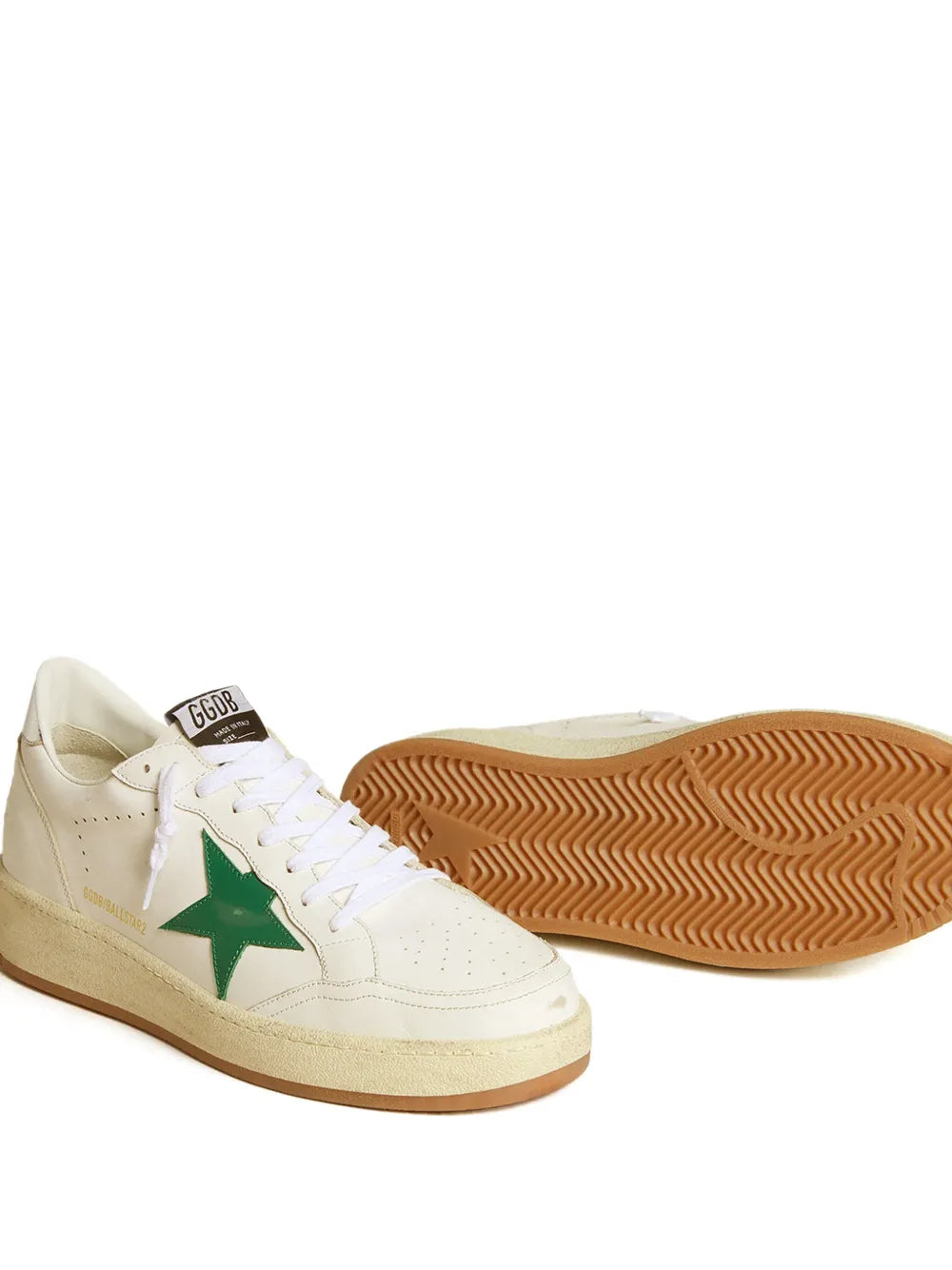 Golden Goose Ballstar 2 sneakers, side view with green star and visible rubber outsole